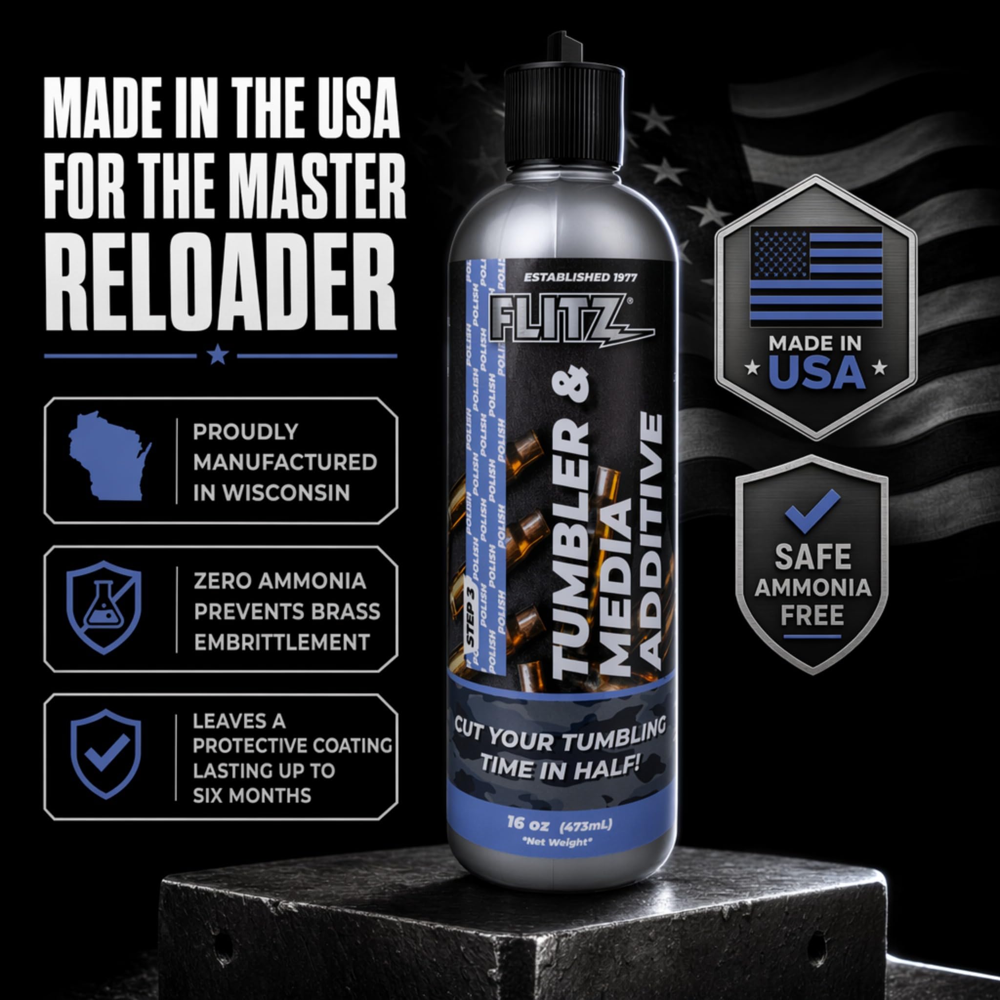 Flitz Tumbler Media Additiv, 473 ml Flasche Messingreiniger, Nachladeflüssigkeit für Munition, Kupfer und alle Metalle, Ammoniakfreie Tumbling-Politur zum Entfernen von Oxidation, Pulverrückständen (1
