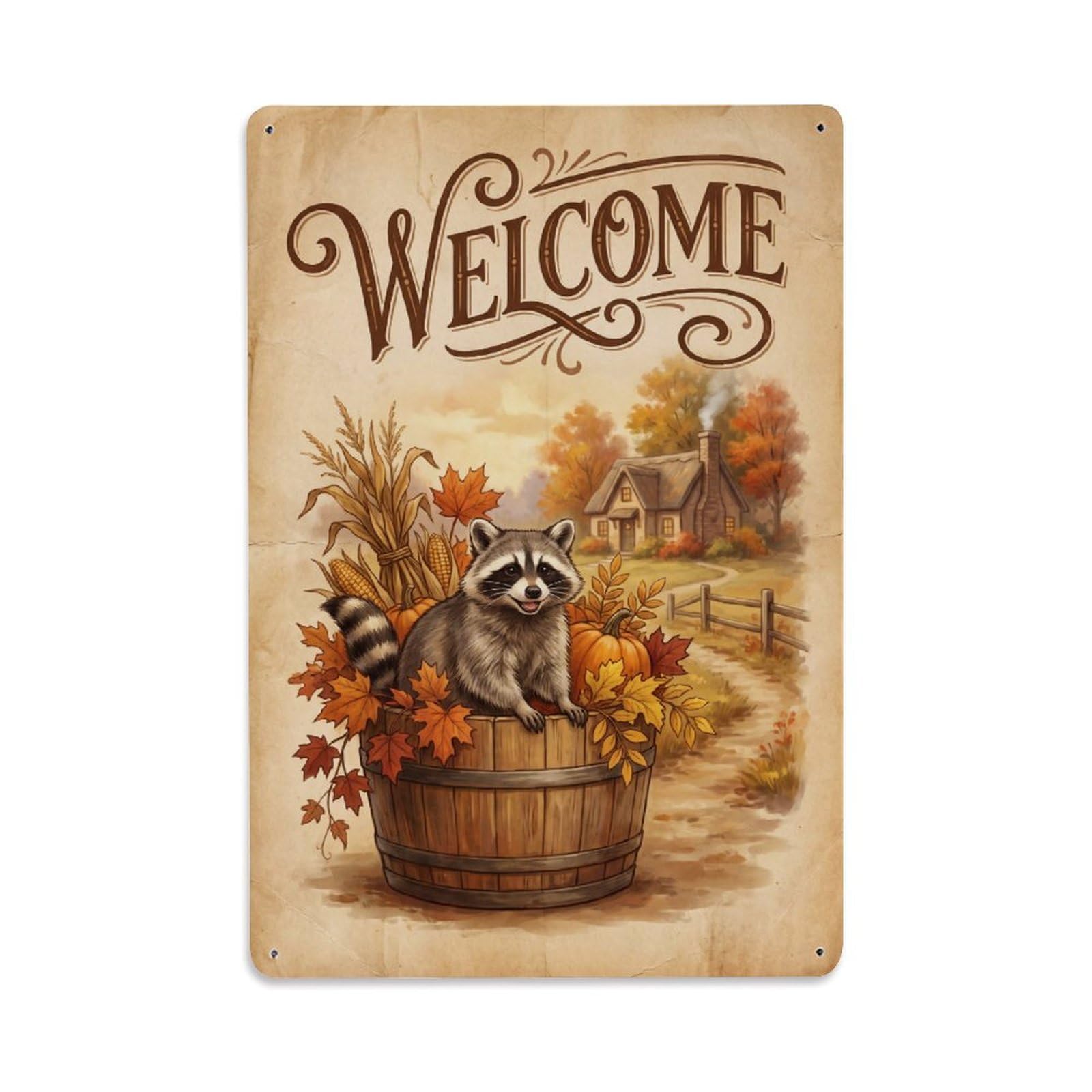Vintage Welcome Raccoon Cozy Corner Metal Tin Sign