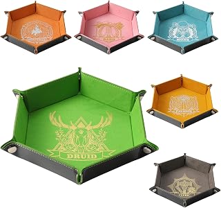 6 Pcs DND Dice Tray with Characters Pattern for RPG D&D Table Games - Folding PU Leather and Velvet Rolling Holder Storage Box
