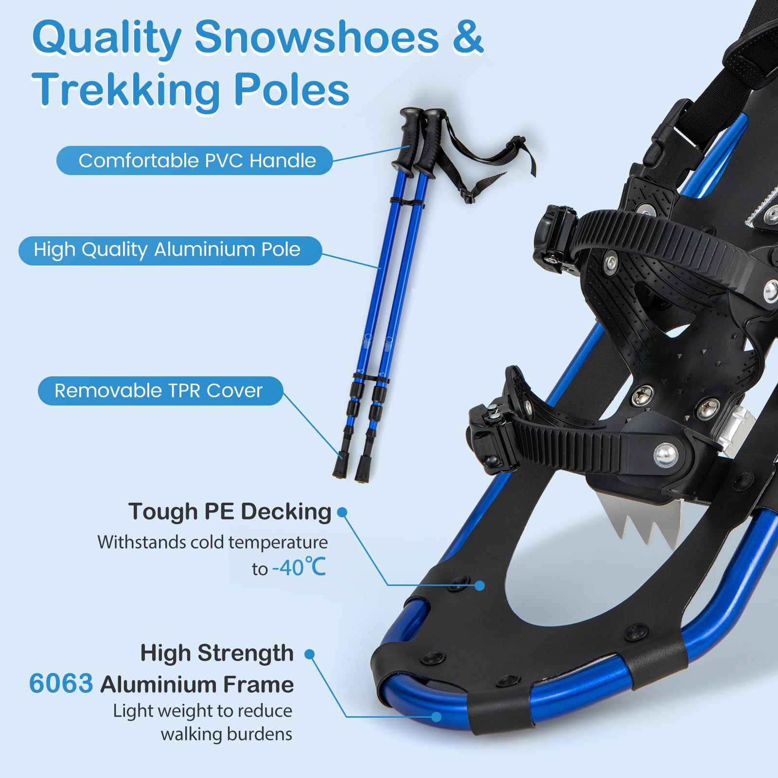 SOARS Kit de Raquette à Neige 4 en 1, Raquettes en Aluminium avec Bâton de Marche Téléscopique, Sac de Rangement, Guêtres Imperméable, pour Femmes, Hommes, Enfants