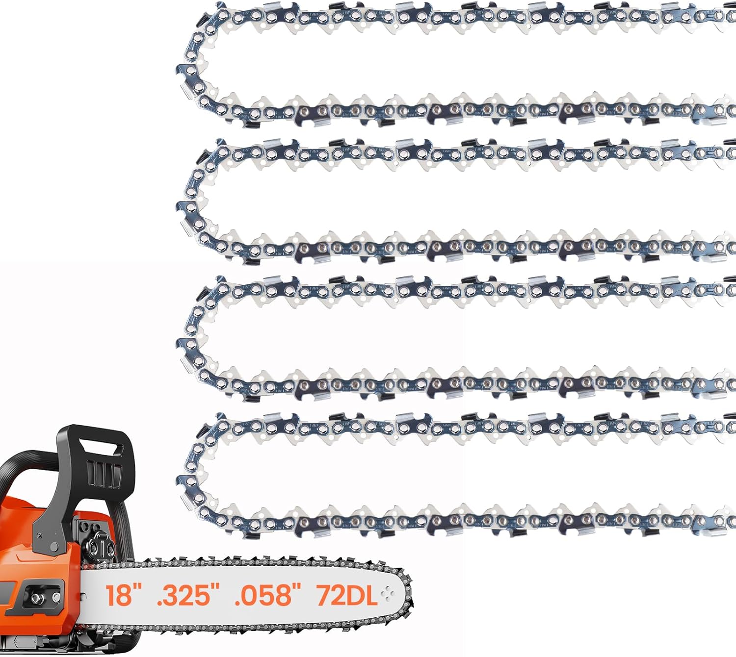 E & S 4 Pack 18 Inch Chainsaw Chain .325" Pitch .058" Gauge 72 Drive Links Semi-Chisel Chain Saw Chains for Oregon, Stihl, Husqvarna, Poulan, Craftsman, Greenworks and More Chainsaw Brands
