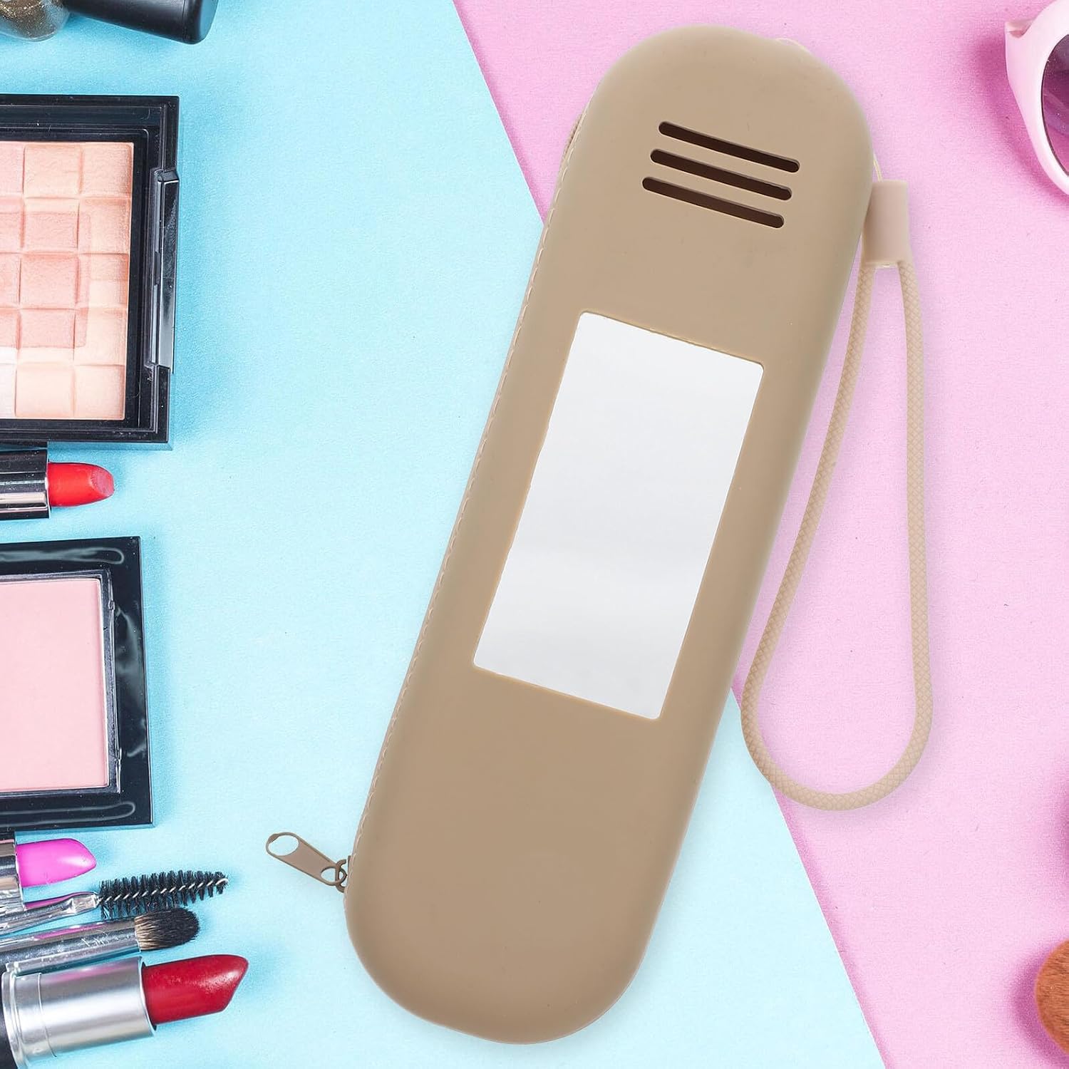 Portable Silicone Makeup Brush Holder with Mirror for Travel, Khaki image 4