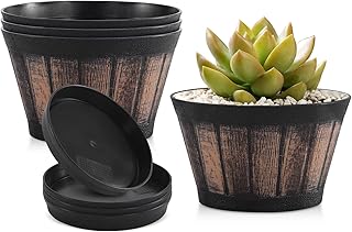 Quarut 6 inch Brown Barrel Planters with Drainage Holes & Saucer, Set of 4, Indoor & Outdoor Garden Home Plants