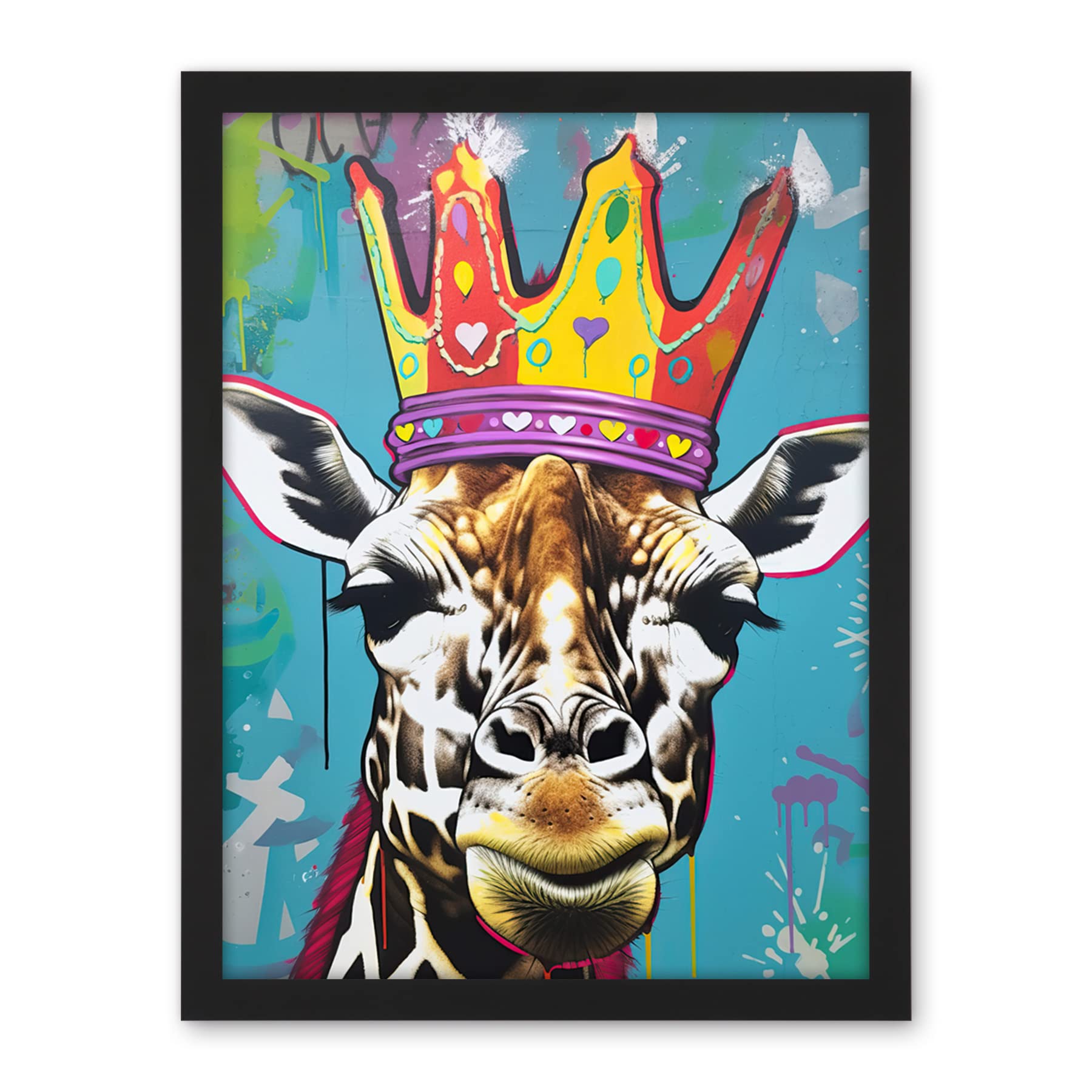 Artery8 Giraffe With Queen Birthday Crown Modern Pop Art Artwork Framed Wall Art Print 18X24 Inch