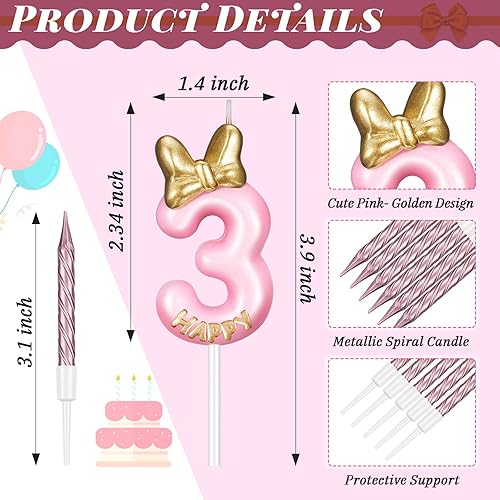 Miniatura 2 de BBTO Vela de cumpleaños número 3 rosa con 10 velas rosadas largas y delgadas para cupcakes en soportes para decoración de tartas, suministros de