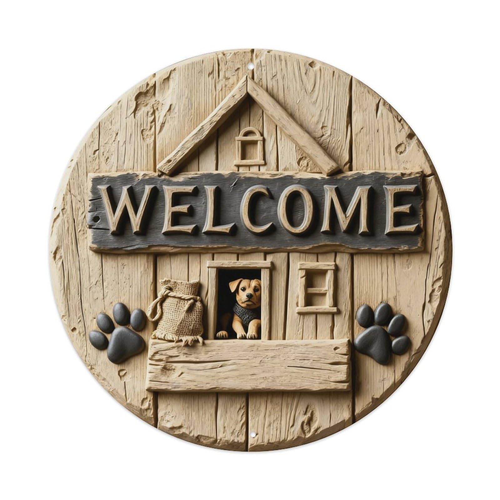Zlatcbu Vintage Welcome Dog House Paw Print Sign Metal Tin Sign Retro Wall Art Poster, Decor For Home Living Room Bar Cafe Garage, 8X8 Inch