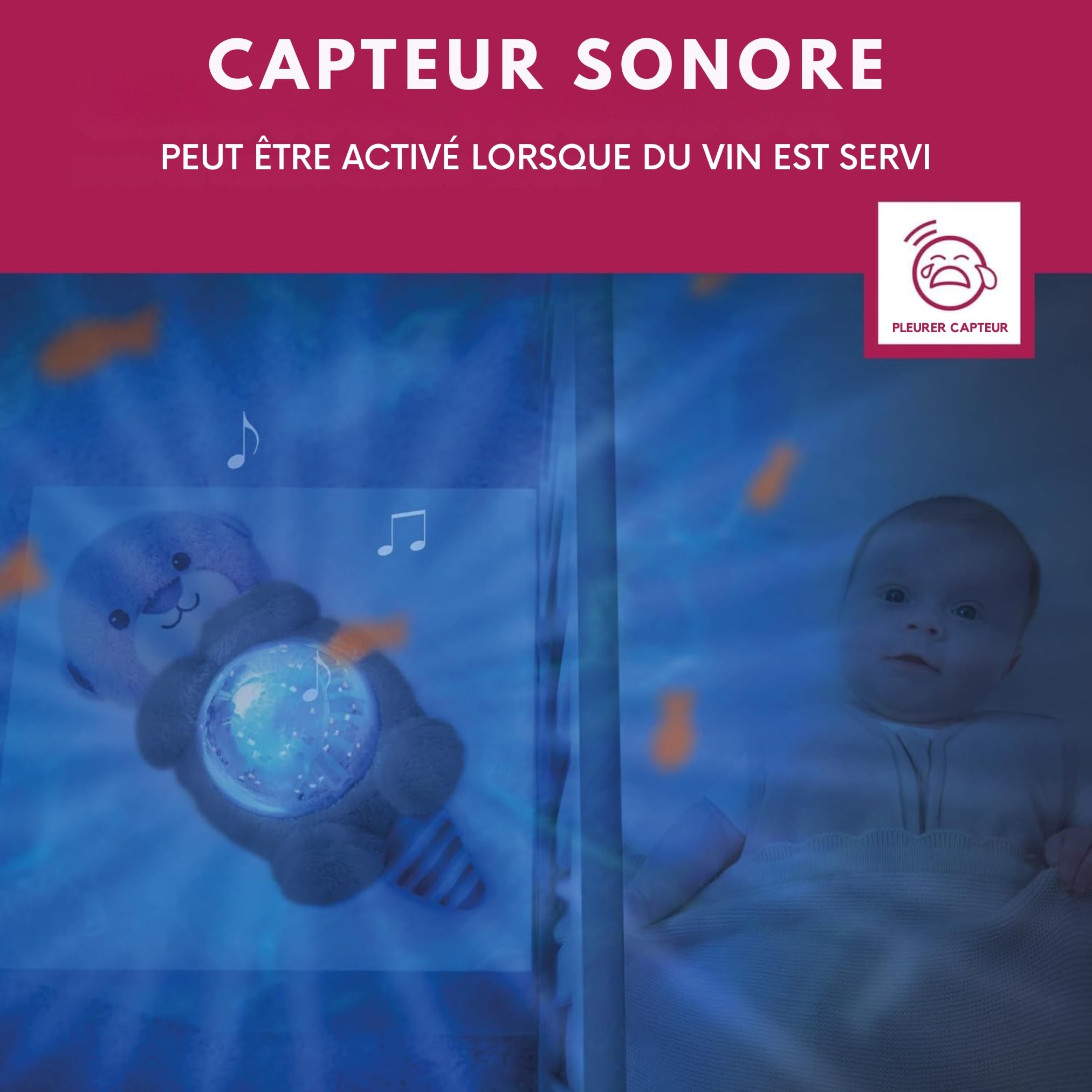 ZAZU Otto the Otter Projecteur LED de nuit Océan, poissons mobiles, vagues, 5 mélodies, programme de sommeil à 3 niveaux, détection du bruit, fonctionnement à piles