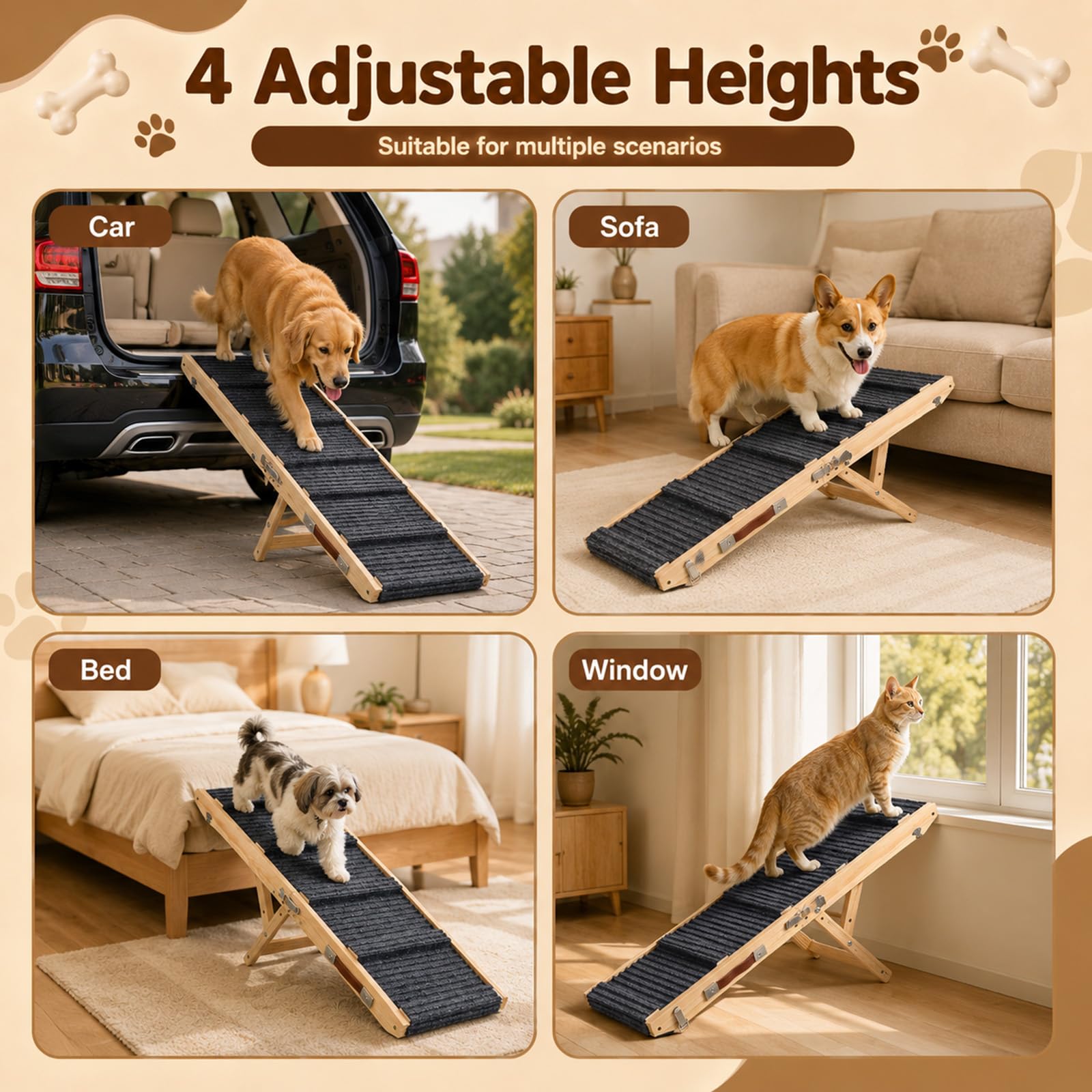 Rampe Chien en Bois, 84cm Rampe Pliable pour Chien avec 4 Hauteurs Réglable | Escalier portable lits avec revêtement antidérapant Rampe animaux pour chiens petite à moyenne taille jusqu'à 50kg