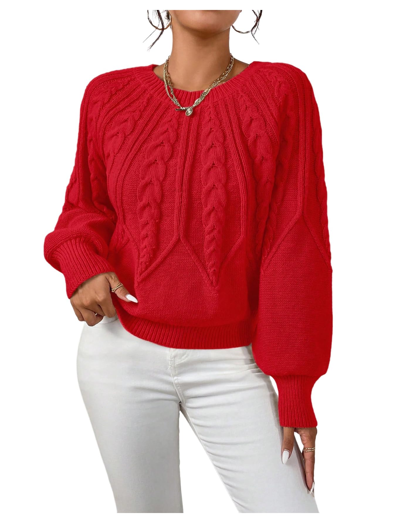 SHENHE Womens Casual Crew Neck Sweater Long Sleeve Textured Cable Knitted Pullover Tops