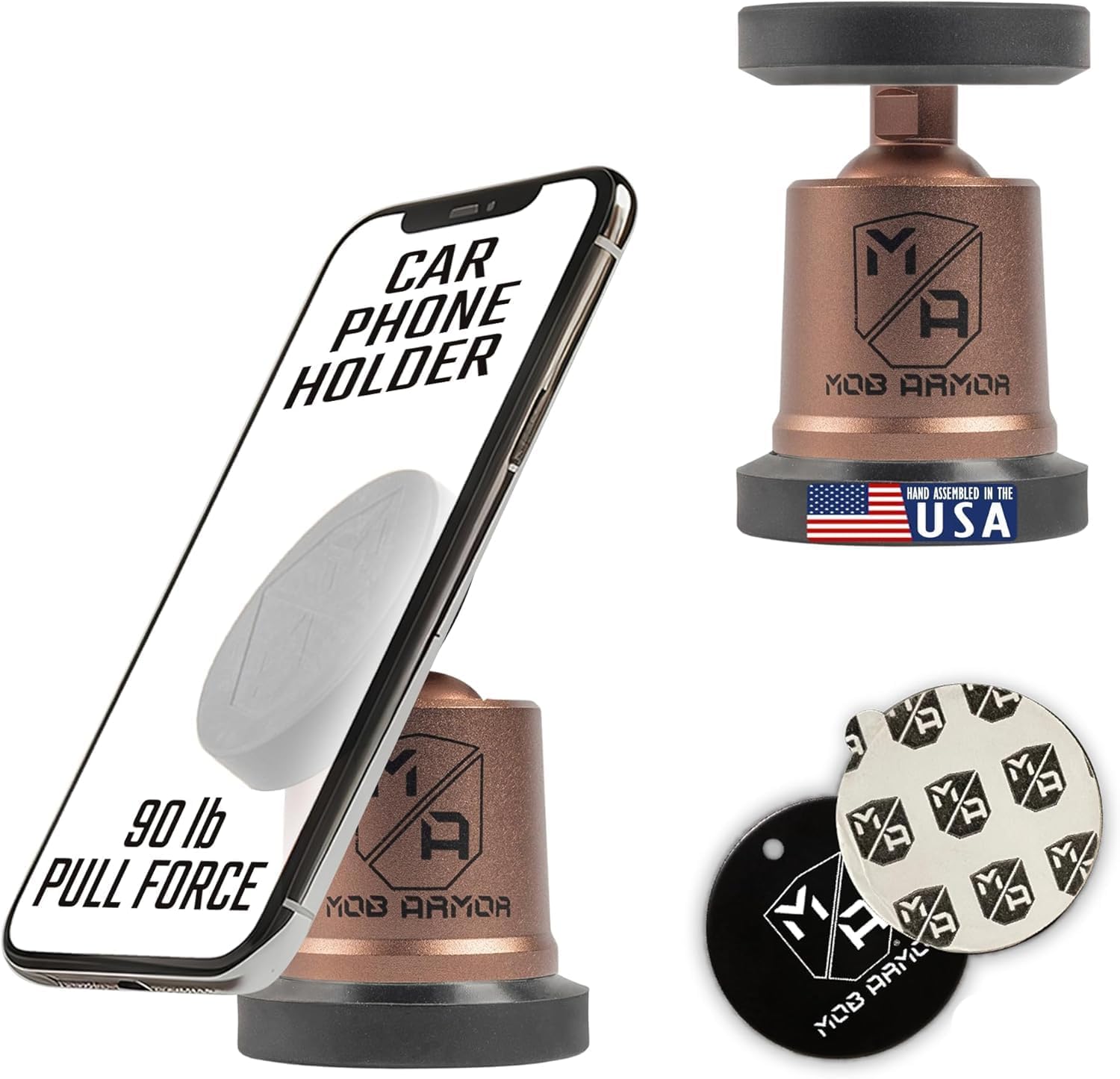 Mob Armor MobNetic Maxx - USA Assembled Magnetic Phone Holder for Car, Magnetic Car Phone Mount, 90-Degree Tilt, 360-Degree Rotation, Aluminum Metal, Compatible with iPhone & Android - Bronze