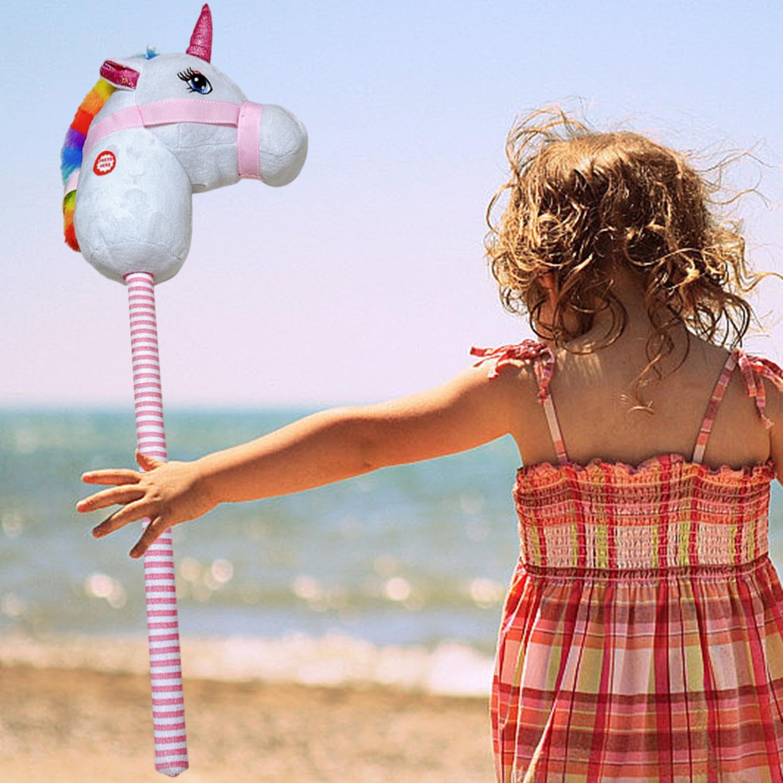 Hobby Horse Bastone Cavallo Peluche Suono Realistico Testa Animale Morbida Giocattolo Interattivo per Bambini Adatto a Casa Esterno Regalo, Arcobaleno Bianco