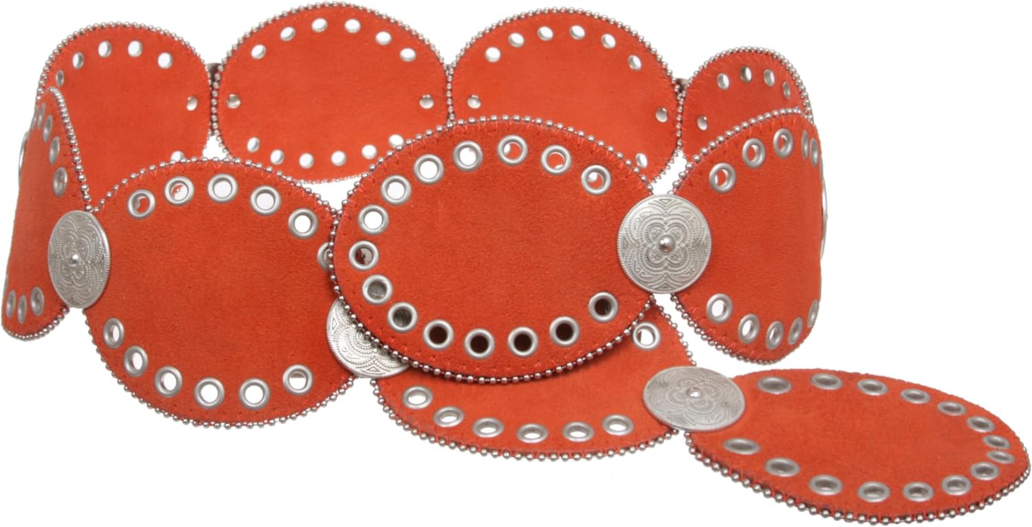 Beltiscool Concho and Grommets Suede Leather Oval Disc Belt with Tiny Metal Ball Chain