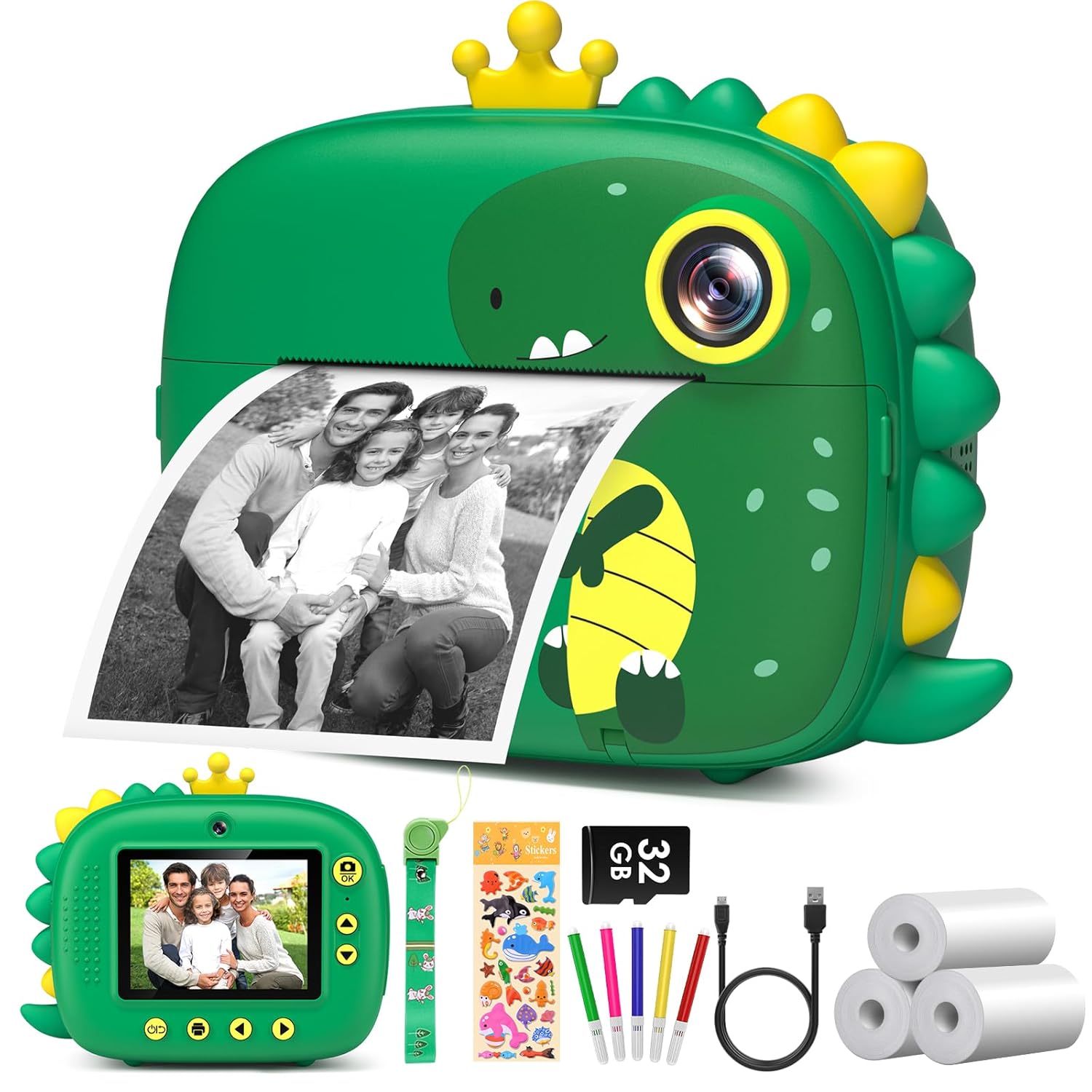 Kids Camera Instant Print,Dinosaurs Instant Print Camera for Kids,Birthday Gifts for Boys,2.4-Inch/1080P with 32GB SD Card,Christams Birthday Gifts for Girls Boys Age 3-12