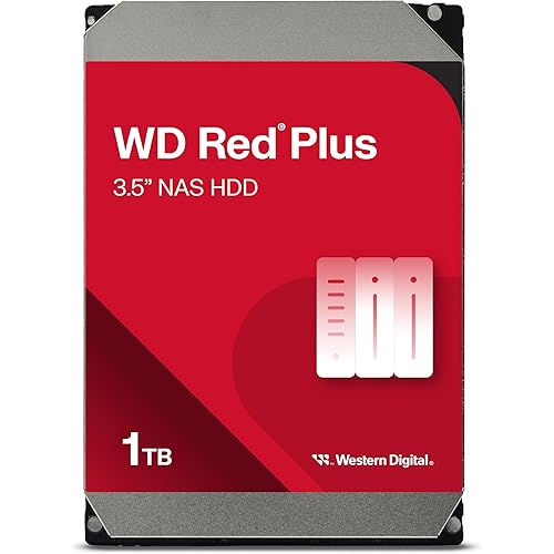 Western Digital 1TB WD Red Plus NAS Internal Hard Drive HDD - 5400 RPM, SATA 6 Gb/s, CMR, 64 MB Cache, 3.5" - WD10EFRX