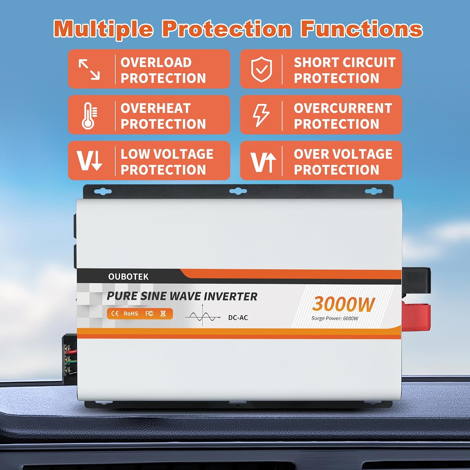3000 Watt Pure Sine Wave Power Inverter, DC 12V to AC 120V with LCD Display, Remote Control, USB Port, 4 AC Outlets, and Terminal Block for RV Boat Camping Solar System and Home Use