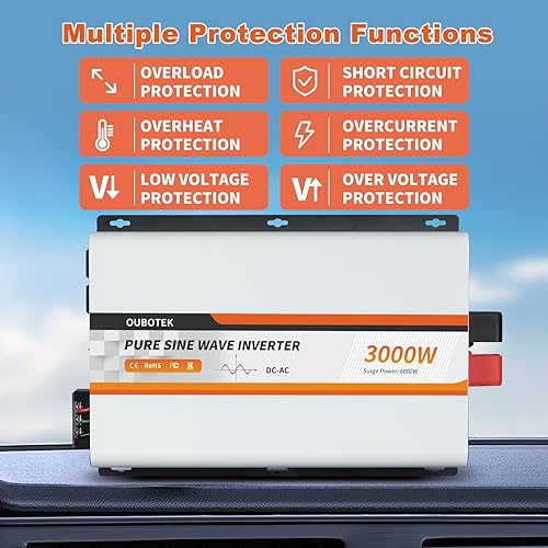 Miniatura 4 de Inversor de onda sinusoidal pura de 3000 W, CC 12 V a CA 120 V con pantalla LCD, control remoto, puerto USB, 4 salidas de CA y bloque de terminales