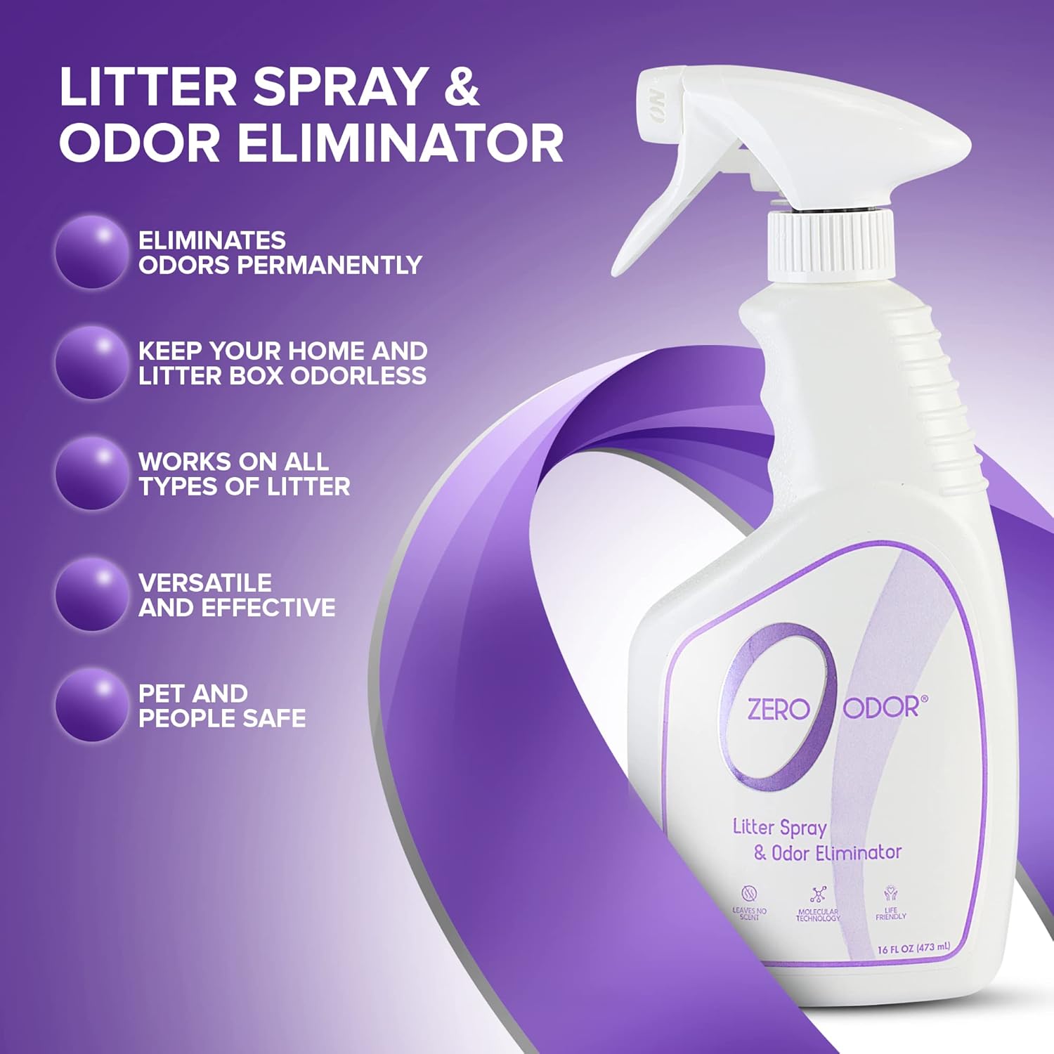 Zero Odor – Litter Odor Eliminator Bundle- Eliminate Litter Odors with Best Patented Molecular Technology - Pet Safe & Works on all types of litter, 16oz & 64oz Refill