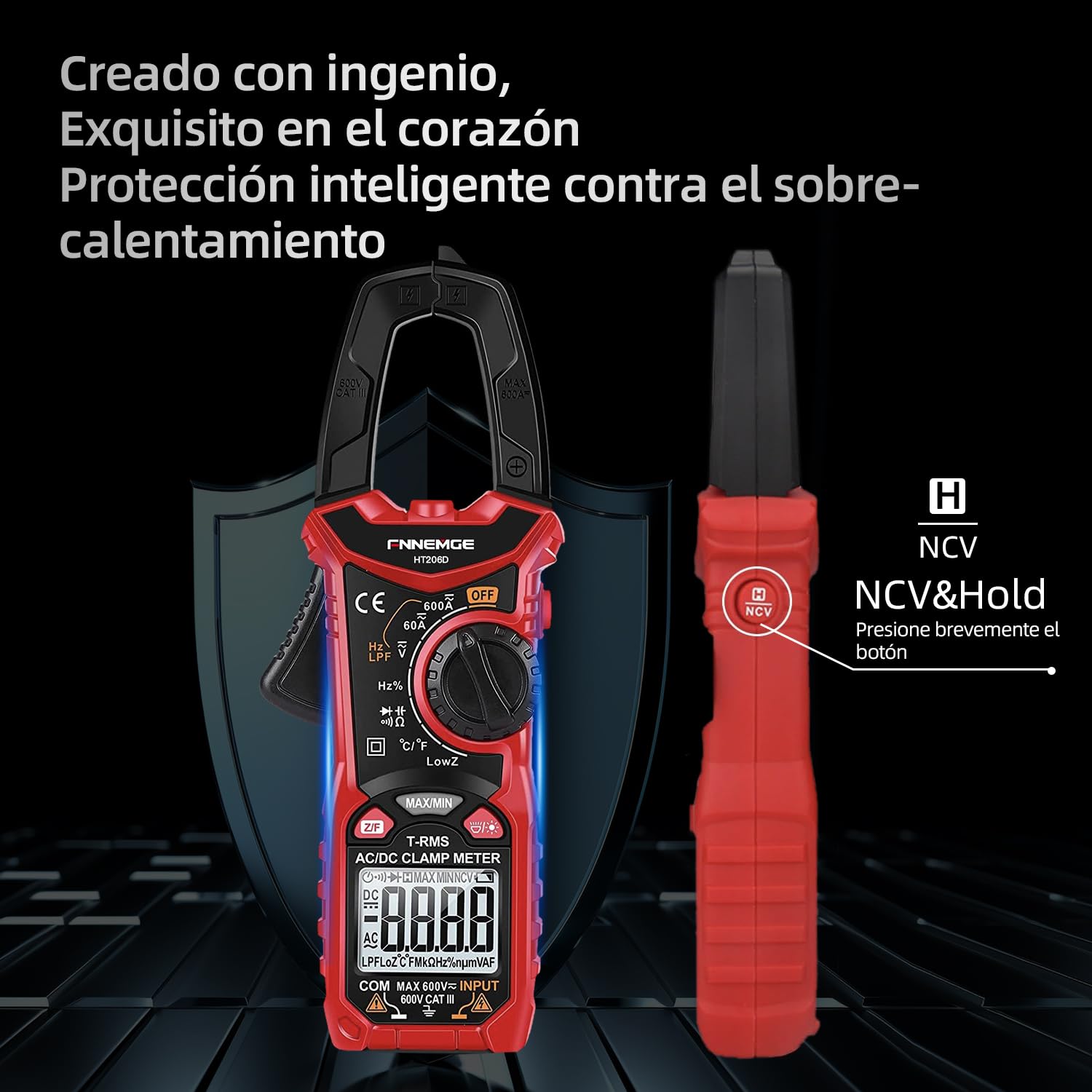 FNNEMGE Pinza Amperimétrica Digital, Medidor de corriente DC/AC de corriente: 0-600 A, Multímetro de Alicate True RMS 6000 Cuentas de Rango Automático, Mide La Capacidad de Voltaje de Continuidad.