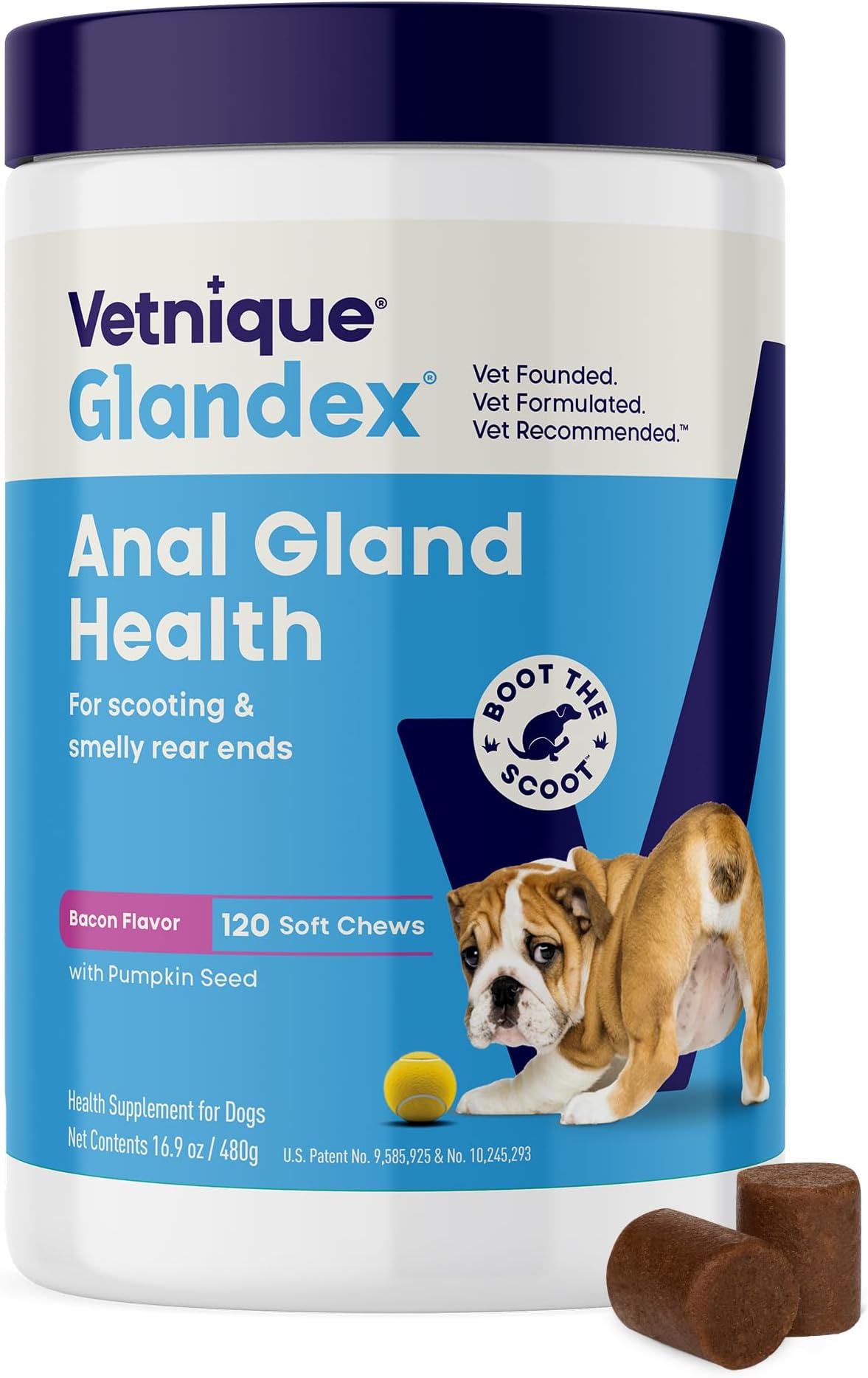 - Vetnique Glandex Anal Gland Soft Chew Treats with Pumpkin for Dogs Digestive Enzymes, Probiotics Fiber Supplement for Dogs Boot The Scoot (Bacon Flavor Chews, 120 Count)