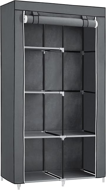 SONGMICS Fabric Wardrobe, Clothes Storage Organiser with 2 Hanging Rails, 6 Shelves, Customisable Design, 88 x 45 x 168 cm, for Bedroom, Department, Grey RYG84G