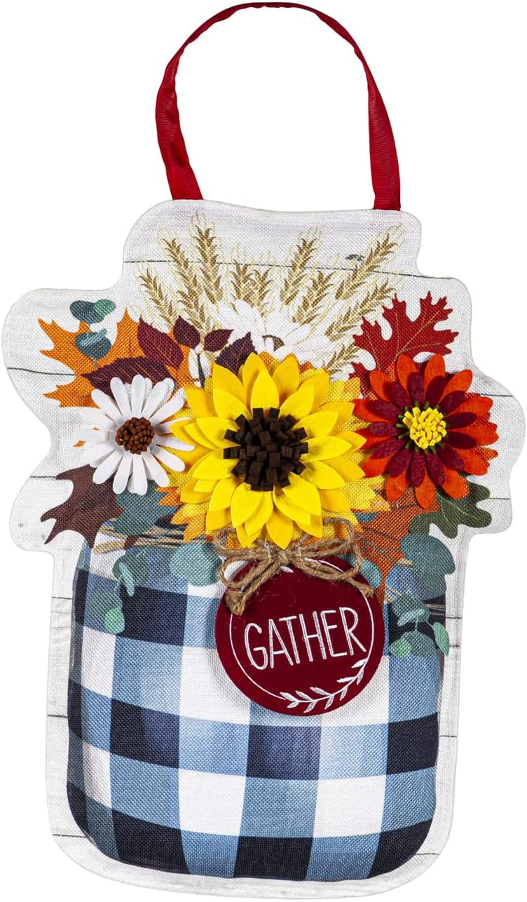 Evergreen Fall Check Mason Jar Door Decor