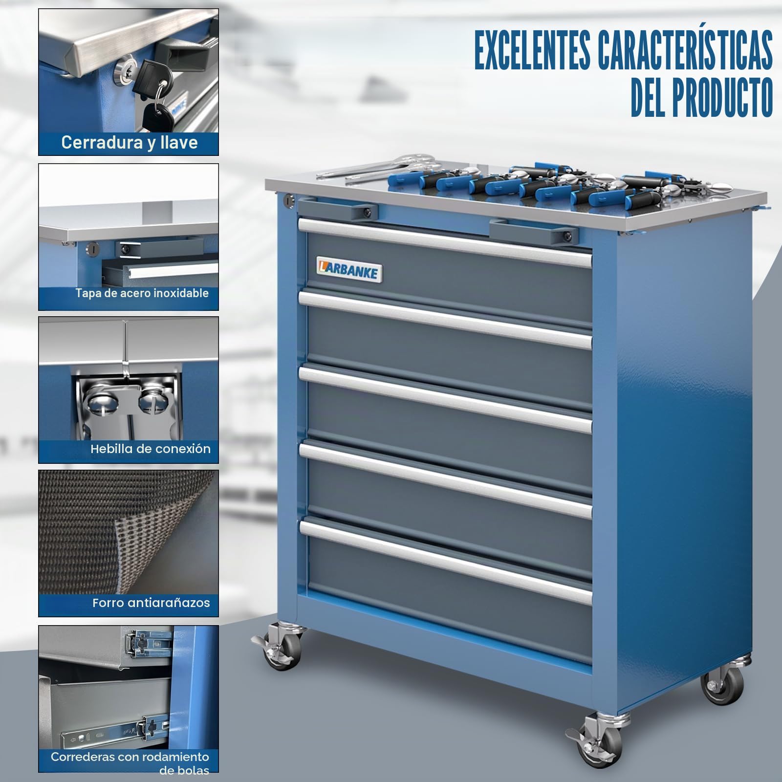 LARBANKE Gabinete de Herramientas de 5 cajones,Armario de Herramientas con Ruedas y Almohadillas para pies,Carro de Herramientas con Sistema de Bloqueo con Llave y Parte Superior de Acero Inoxidable