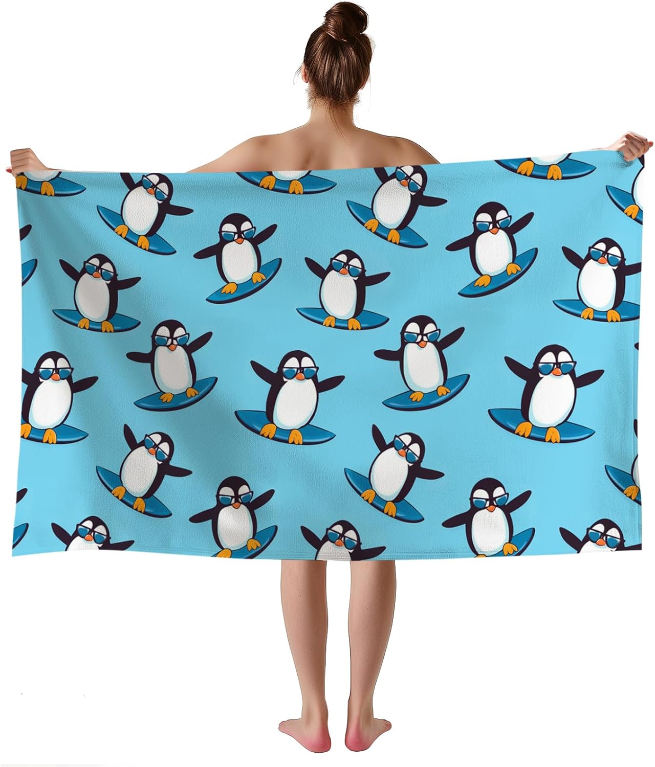 WZOMT Cute Penguin Beach Towel for Kids Boys Girls, Microfiber Funny Penguin Surfing Blue Bath Towel, Soft Absorbent Quick-Dry Sand-Free Towels for Travel/Surf/Swim/Pool, Oversized 32x52 Inch