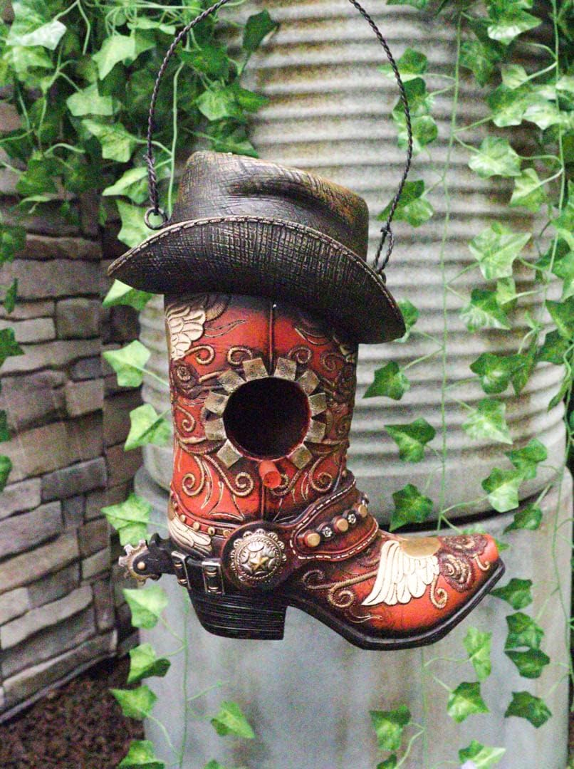 Ebros Gift Pack of 2 Rustic Western Red and Black Cowboy Boots with Floral Scroll Patterns Spurs and Hats Birdhouse Bird Feeder House Tree Hanger Cabin Lodge Decorative Figurine Patio Garden
