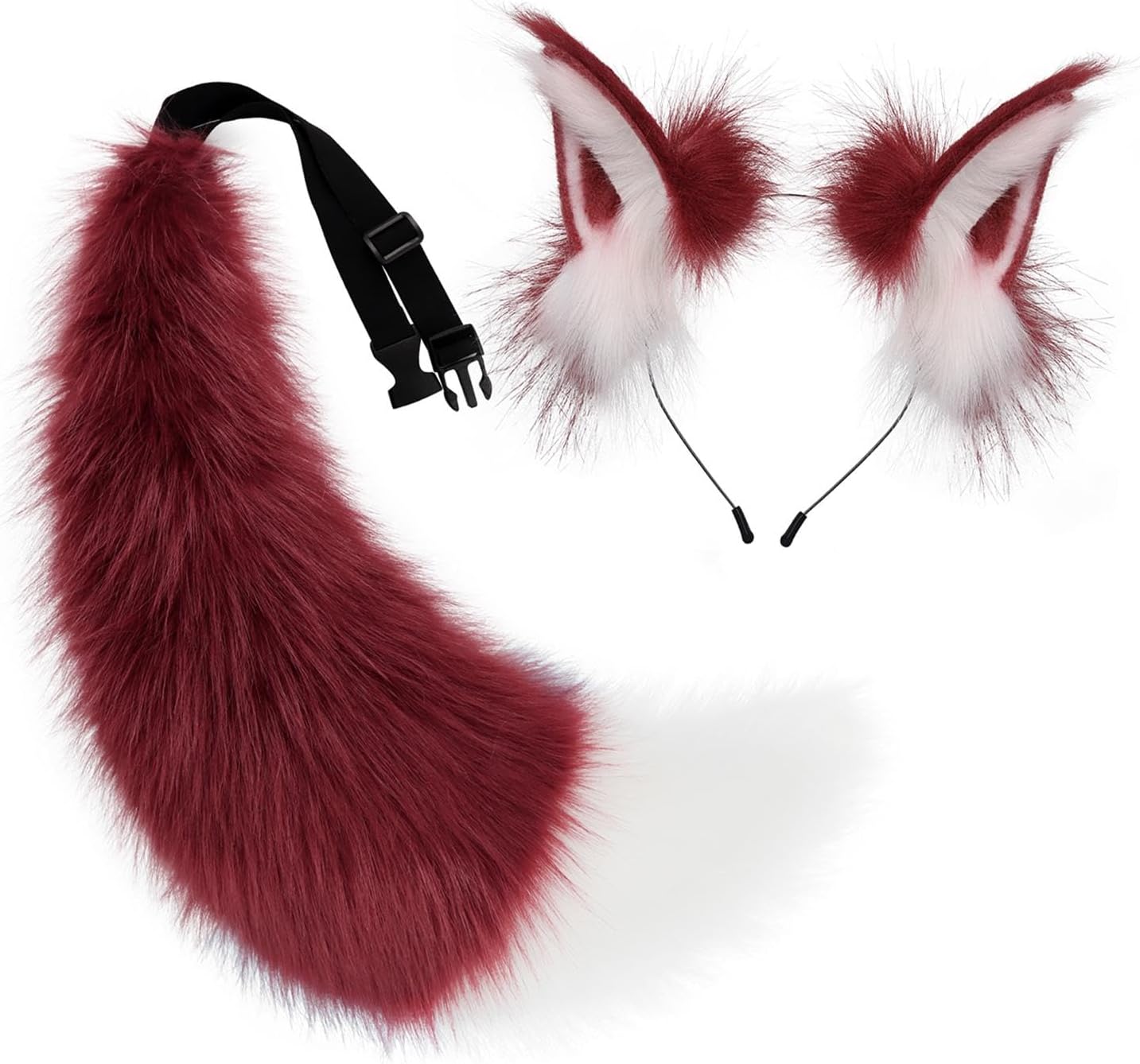 Animal Ear Headband Tail Set Halloween Costume Accessories for Festive Events, Red White