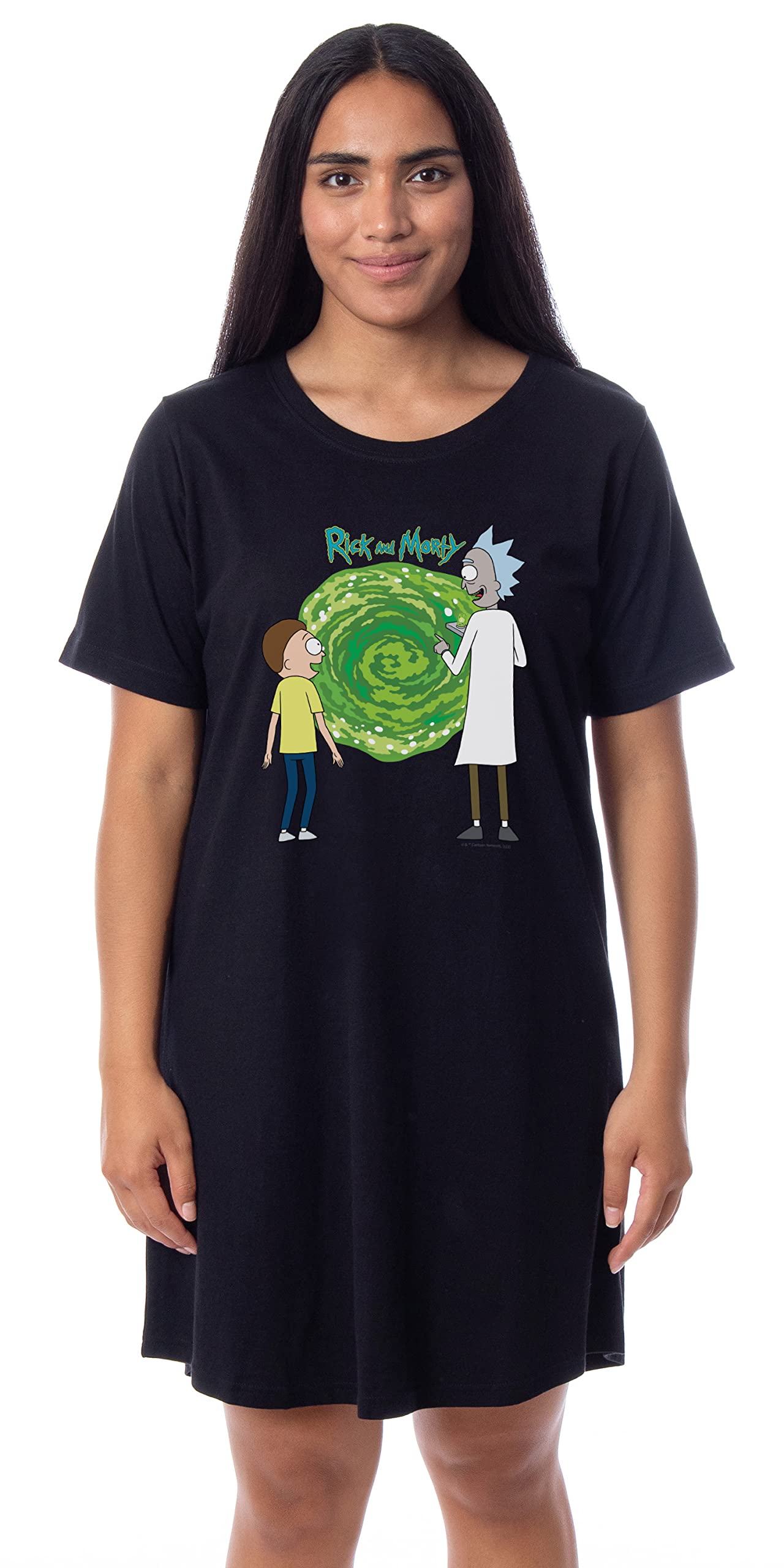 Intimo Women's Black Rick And Morty ' Tv Show Series Portal Nightgown Sleep Pajama Shirt, 3XL