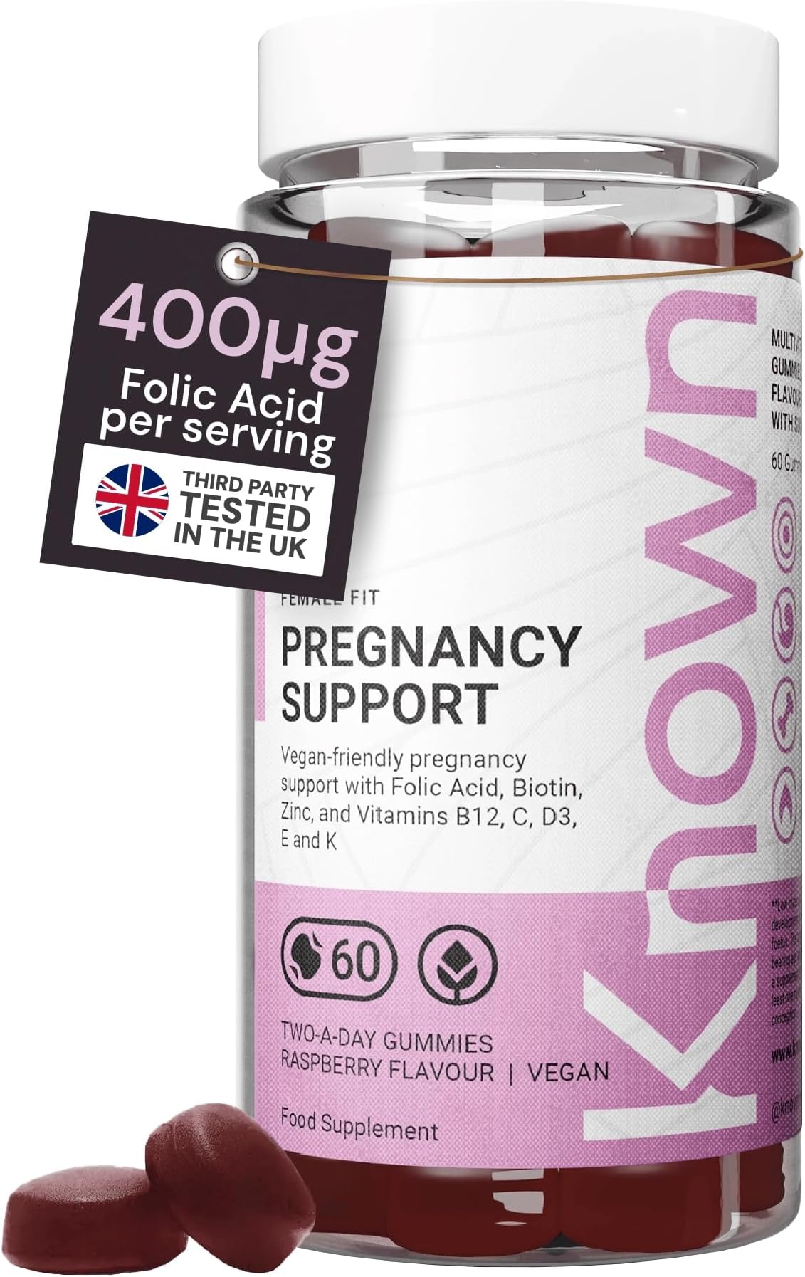 Known Pregnancy Support Gummies with 400mcg Folic Acid – Raspberry Flavour – Vegan Prenatal Multivitamin Gummy Supplement – with Vitamin D3, K, C, E, B12, Biotin & Zinc – 1 Month Supply