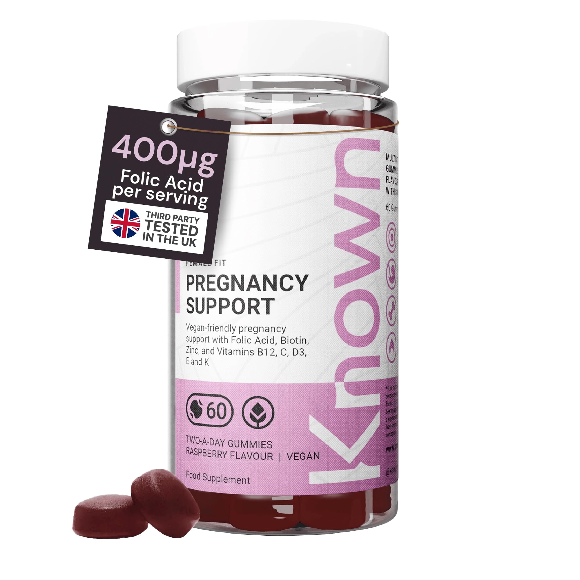 Known Soutien Grossesse Gummies avec 400mcg Acide Folique – Saveur Framboise – Complément Gommes Végan Multivitamines Prénatales avec Vitamin D3, K, C, E, B12, Biotine & Zinc – Cure 1 Mois