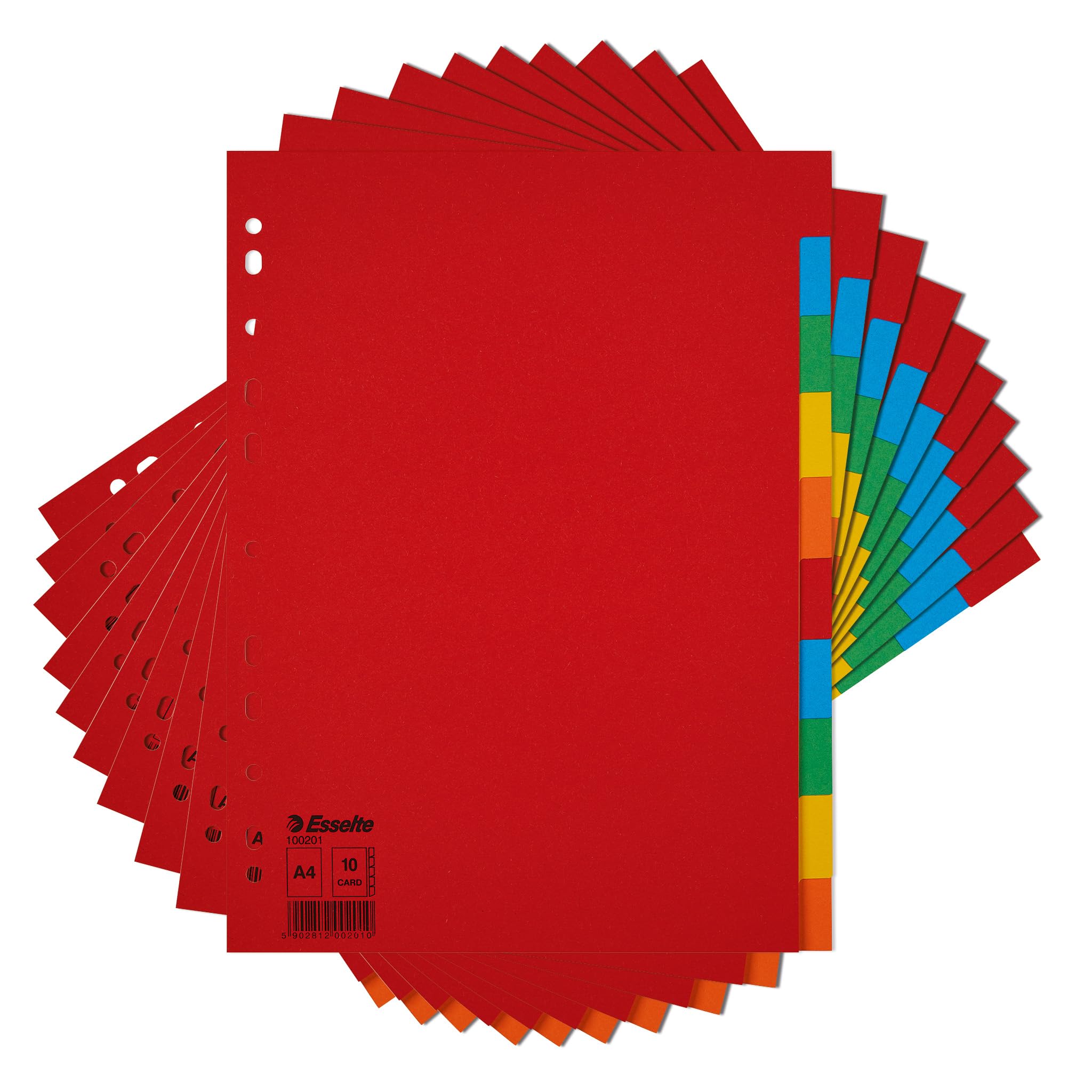 Esselte 10 Packs A4 Card File Dividers, 10 Parts Coloured Folder Dividers for Ring Binders and Lever Arch Files, Made from durable, Eco Friendly Recycled Card
