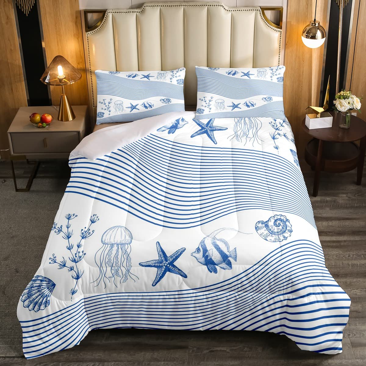 Ocean Sea Comforter Set Meduse Stelle marine Creatura Sealife Stripe Set Biancheria da Letto per Ragazzi Ragazze Bambino Blu Bianco Piumino 230x220cm