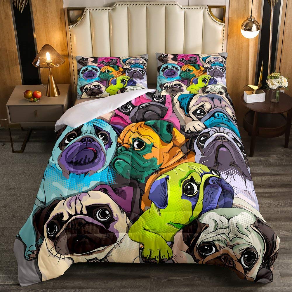 Pug Comforter Set Lovely Pug Dog Bedding Sets Colorful Pugs Comforter for Kids Boys Girls Cartoon Pet Animals Down Comforter with 1 Comforter and 1 Pillow Case Twin Size Soft Child Room Decor