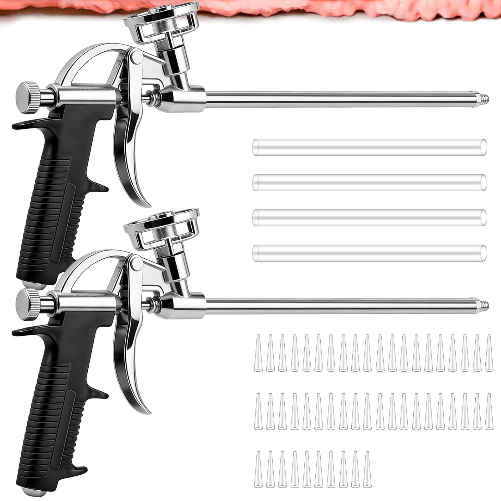 Lot de 2 pistolets à mousse PU, professionnel en métal, avec 54 buses (4 longues + 50 courtes) | Pistolet à mousse PU pour étanchéité, remplissage et montage pour bricoleurs et professionnels