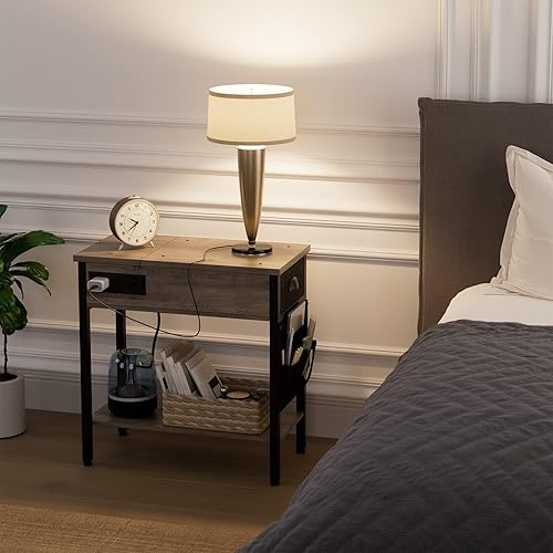 Miniatura 6 de IDEALHOUSE Juego de 2 mesas auxiliares para sala de estar, dormitorio con estación de carga, mesa de sofá estrecha con cajones, puertos