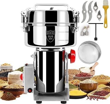 Grain Mill Grinder Electric Flour, 2000g Corn Fine Powder Rice Grinder Wheat Mill for Home Kitchen Commercial Stainless Steel Spice Food Pepper Coffee Beans Swing Type