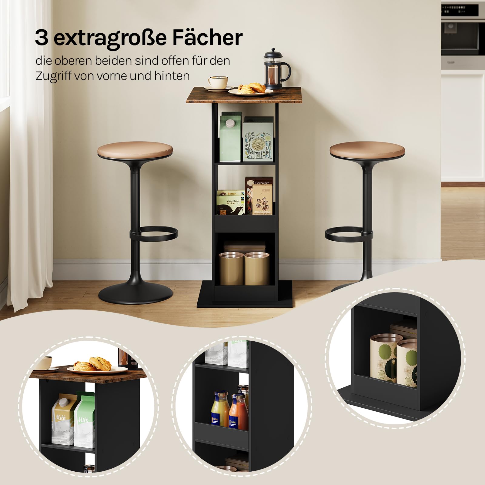 WOLTU Bartisch Bistrotisch Stehtisch Küchentisch Tresentisch Thekentisch, eckiger Tisch mit 3 Regalfächern, für Bar Küche Wohnzimmer, aus Holzwerkstoff, Tischhöhe 109 cm, Schwarz + Rustikales Braun