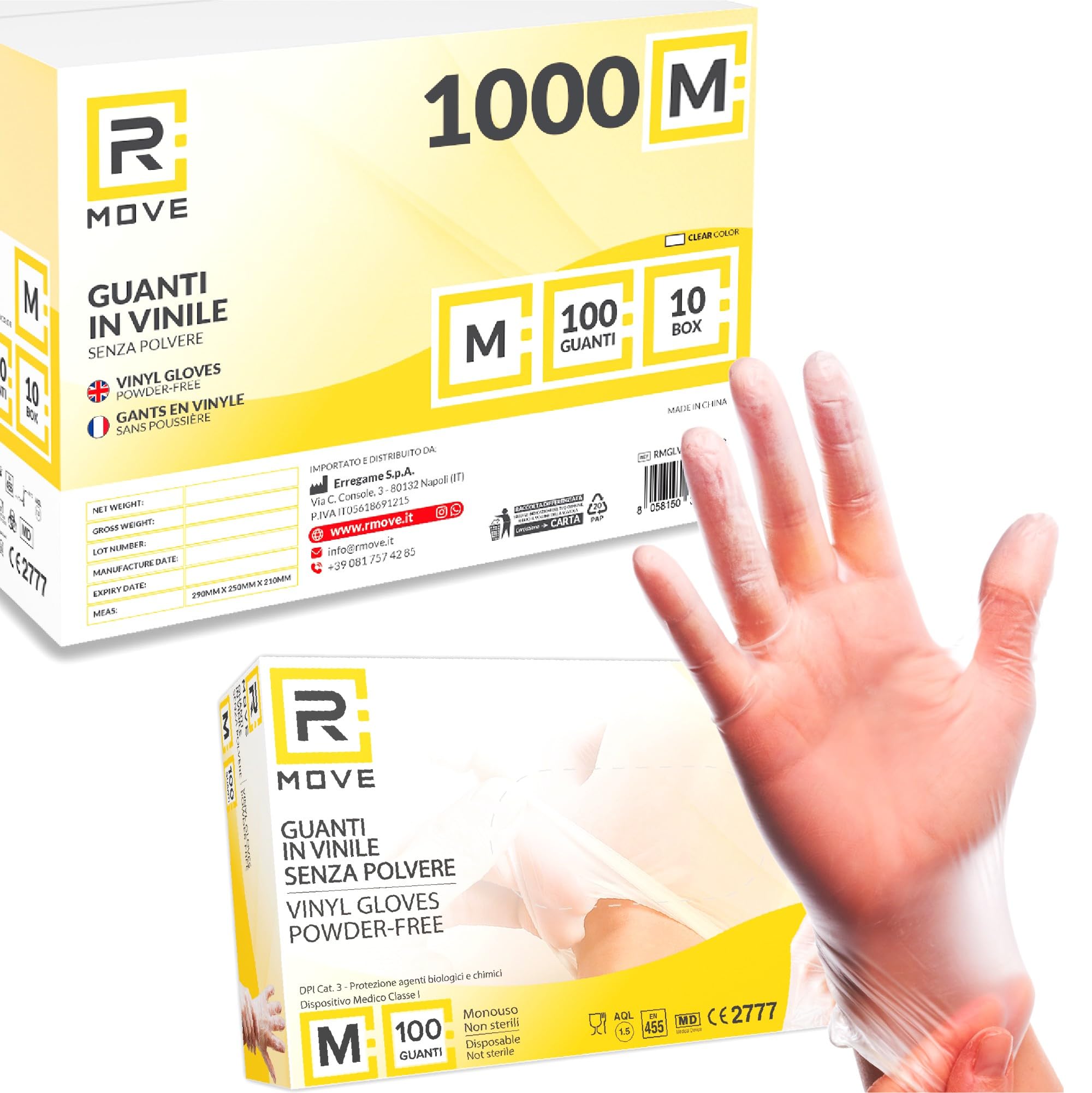 R MOVE 1000 guanti in vinile monouso M senza polvere, gloves ambidestri usa e getta per alimenti, non sterili, senza lattice, ipoallergenici - per ambiti medici, Estetisti, Tatuatori (1000, Taglia M)