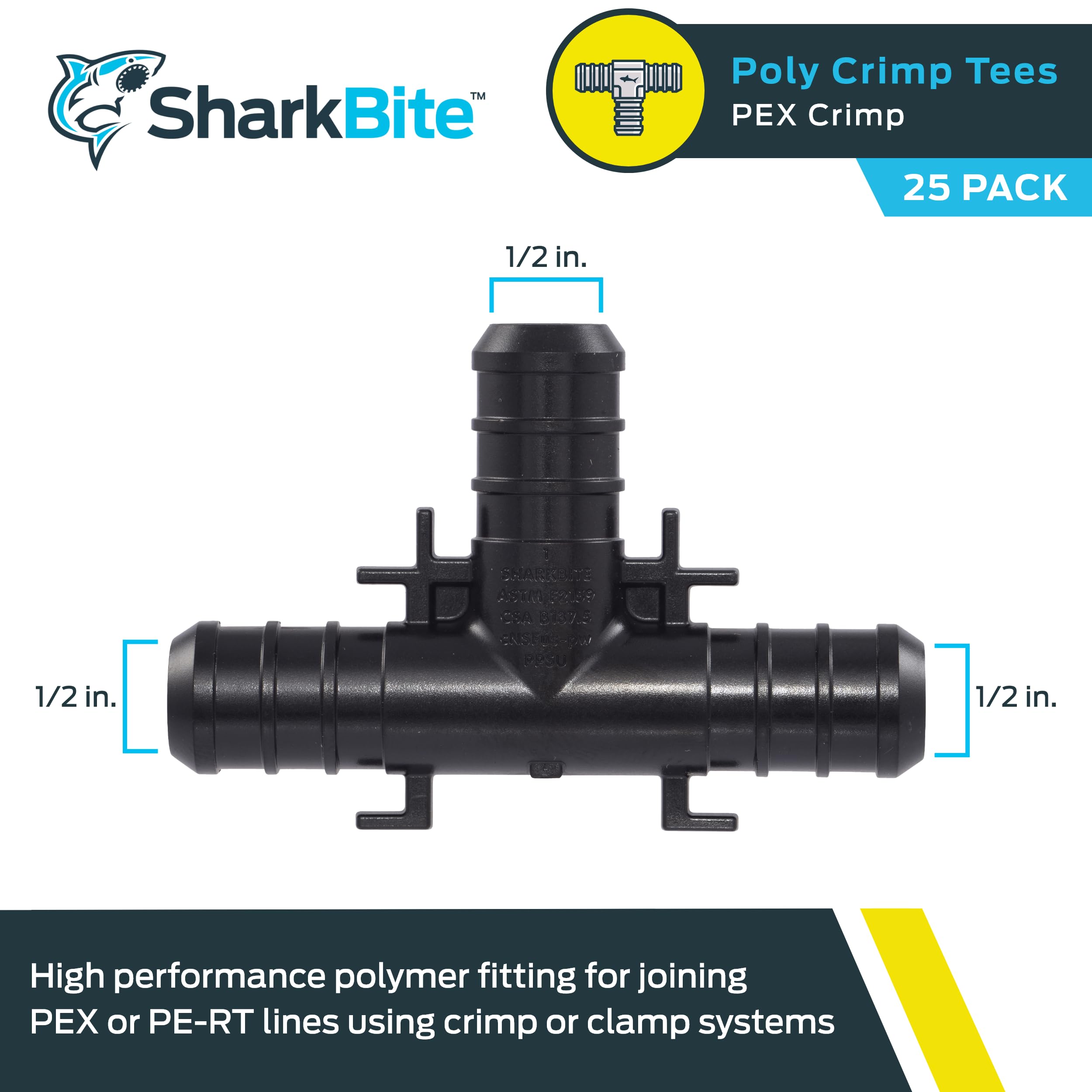 SharkBite Camiseta de crimpado de poliéster de 1/2 pulgada, paquete de 25, tubo PE, PE-RT, UP362