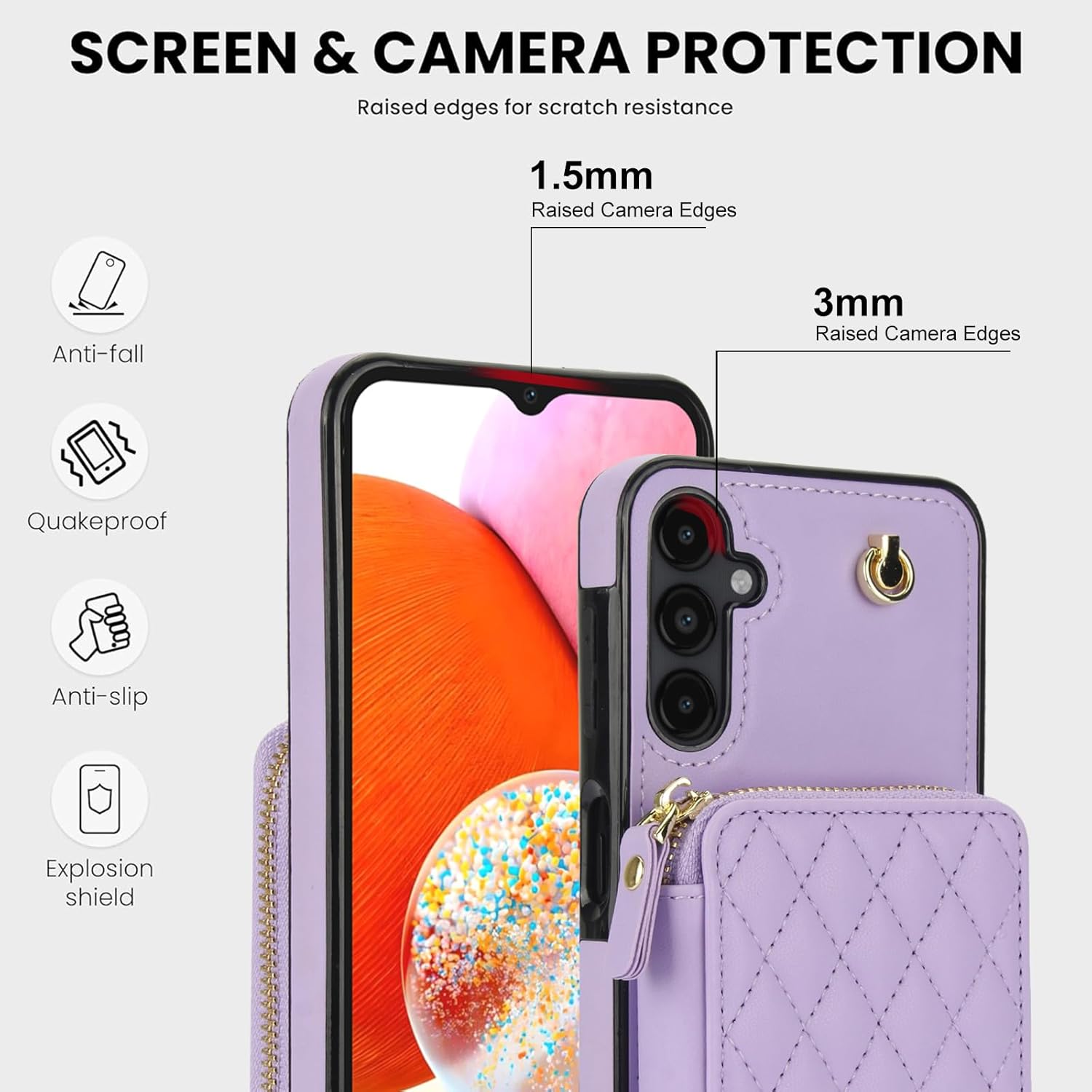 Phone Case for Samsung Galaxy A16 5G/4G Zipper Wallet Cell Cover with Tempered Glass Screen Protector Wrist Crossbody Strap Lanyard Stand RFID Blocking Credit Card Holder Slot A 16 Women Girls Purple