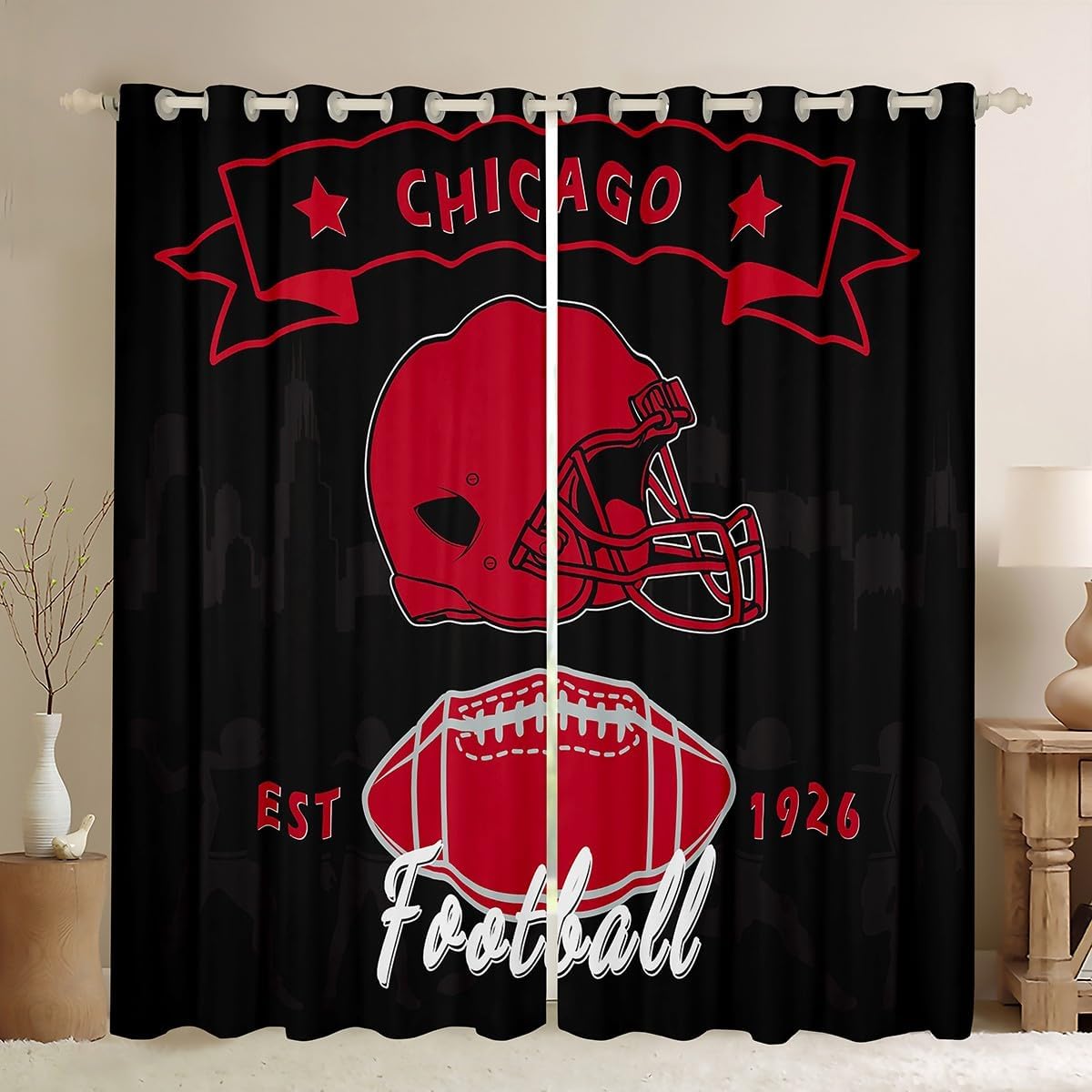 American Football Window Curtains 2 Panel Sets 38"Wx45"L, Rugby Helmet Window Treatments Drapes For Kids Boys Room, Football City 30%-50% Blackout Curtains Sports Ball Game Decor, Black Red (Chicago)