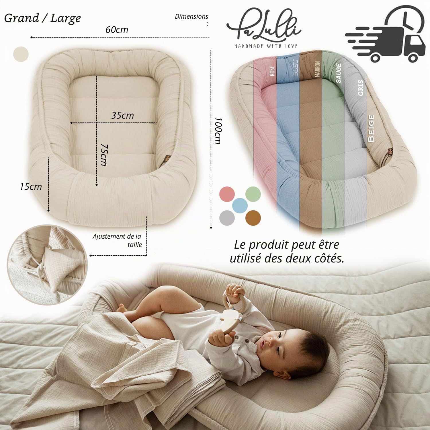 PaLulli® Nid bébé 2 en 1 en Mousseline de Coton – avec Couverture et Matelas Lavable | Cocon Douillet 100x60 cm | Fabriqué en Europe | Réglable et Respirant (Beige)