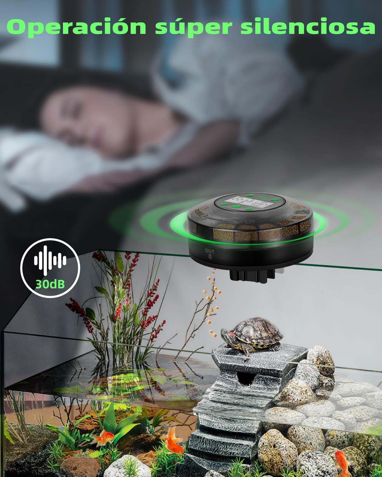 Papettly Alimentador Automatico Acuario - 200ml Comedero Automatico Peces con USB Charger y Pantalla LCD para Tortugas Peceras con Temporizador de Vacaciones, Cuchara Dispensador Comida Pieces, Negro
