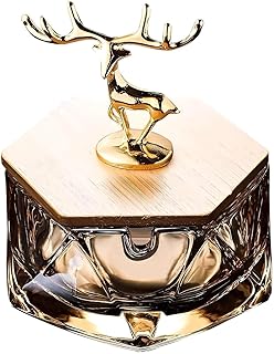 Ashtray - Stunning Crystal Glass Ashtray with Wooden Lid, Perfect for Home or Office Decor, Elegant Deer Design, 9.5 x 6 cm, Perfect for Anywhere.