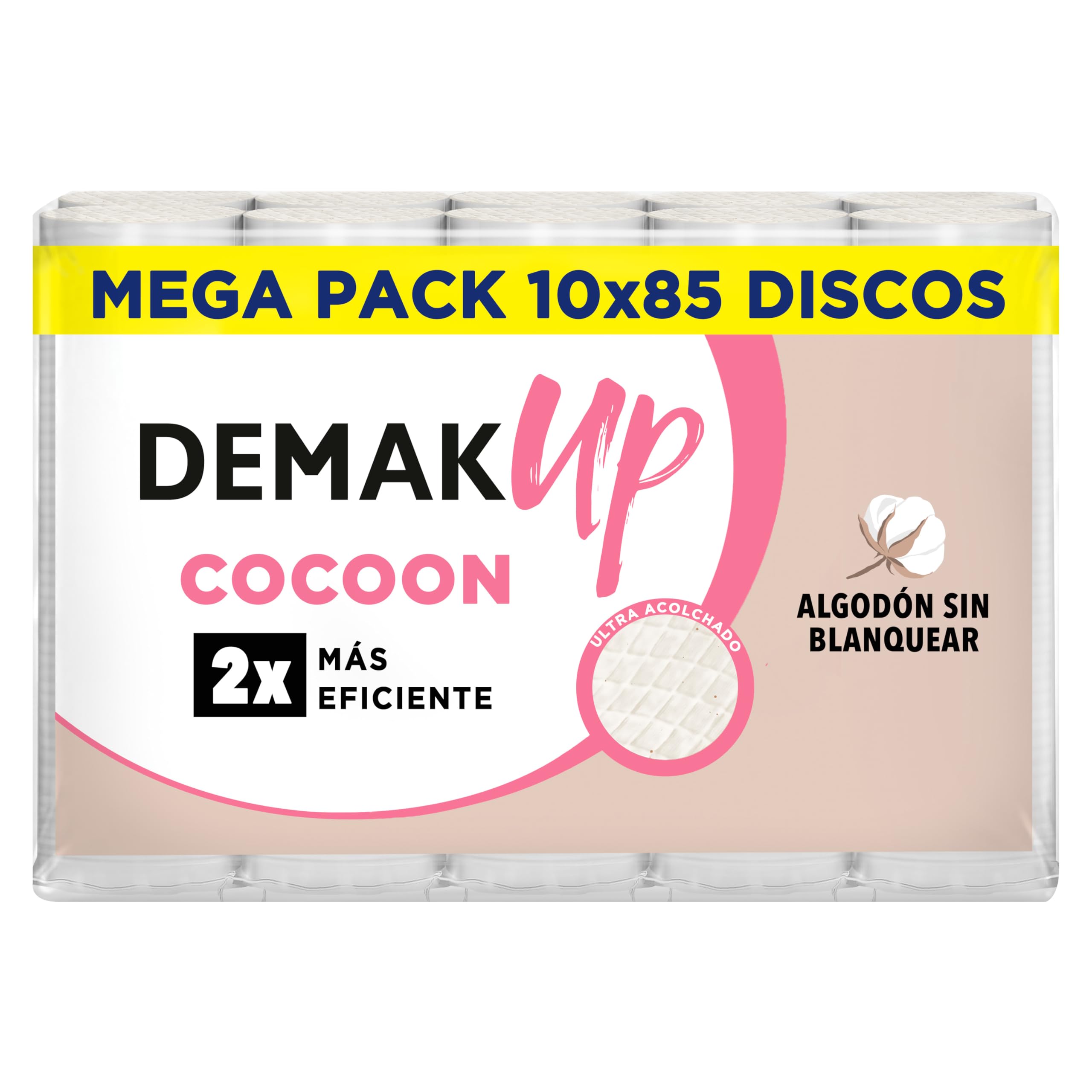 Demak'Up Cocoon 10x85 - Discos de algodón desmaquillantes Redondos - Con Textura Acolchada 3D - Fibras de algodón natural sin blanquear - 850 Discos de algodón