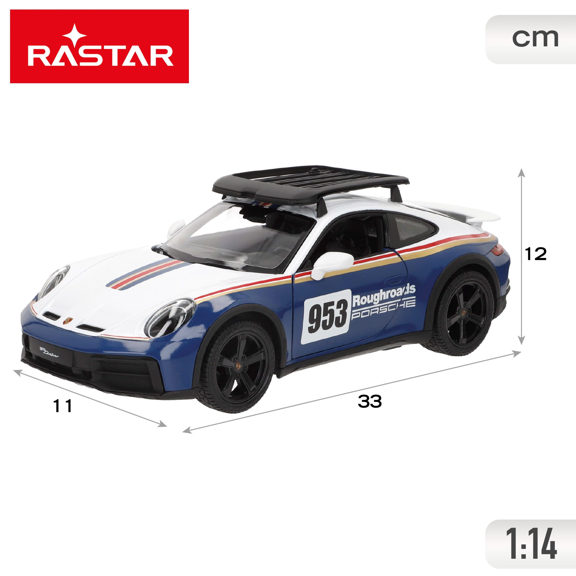 ColorBaby RASTAR Porsche 911 Dakar samochód zdalnie sterowany, w skali 1:14, światła przednie, ręczne otwieranie drzwi i zdejmowany bagażnik, 6 funkcji, oficjalna licencja, od 6 lat (41326)