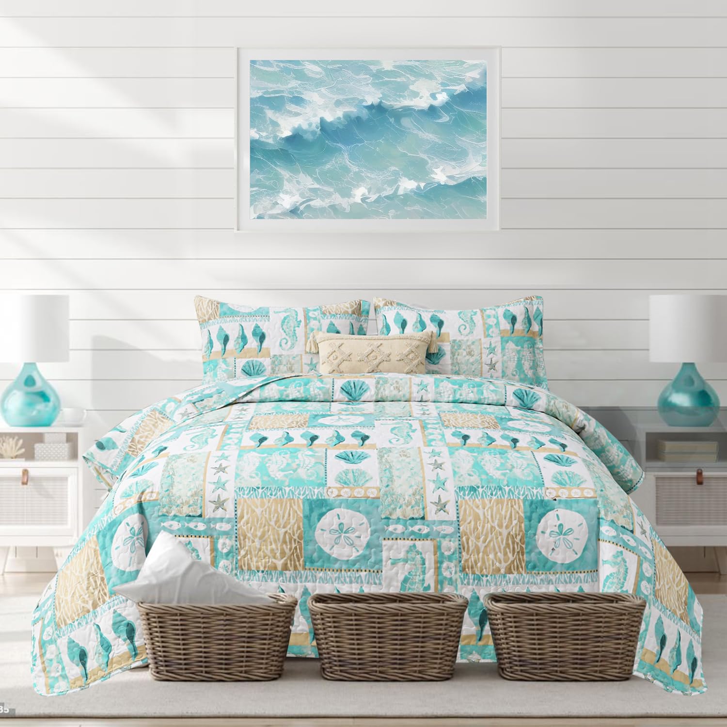 Amazon.com: Junsey Blue Ocean Quilts Set King Size Lightweight