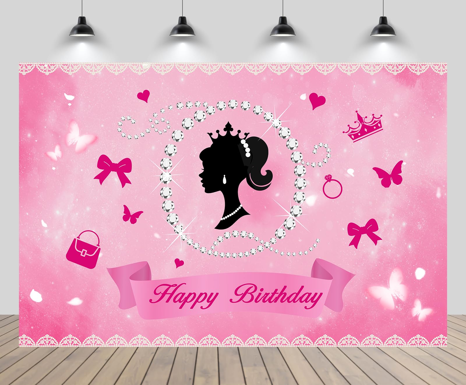 chnywork 8x6ft Happy Birthday Backdrop Girls Birth Pink Theme Baby Doll Birthday Butterfly Crown Diamond Background Pink Theme Girl Doll Birth Party